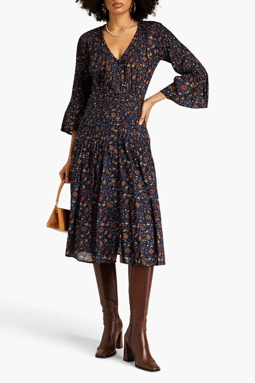 VERONICA BEARD Crochet-Trimmed Floral-Print Cotton-Voile Midi Dress Size 8 NWT